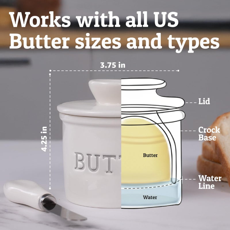 Priority Chef Butter Crock with Lid with Water Line, Ceramic French Butter Dish to Leave On Counter, White - Image 3